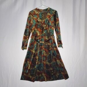 Vintage Floral Velvet Midi Dress 8 Long Sleeve Pleated Gold Buckle Lined70s